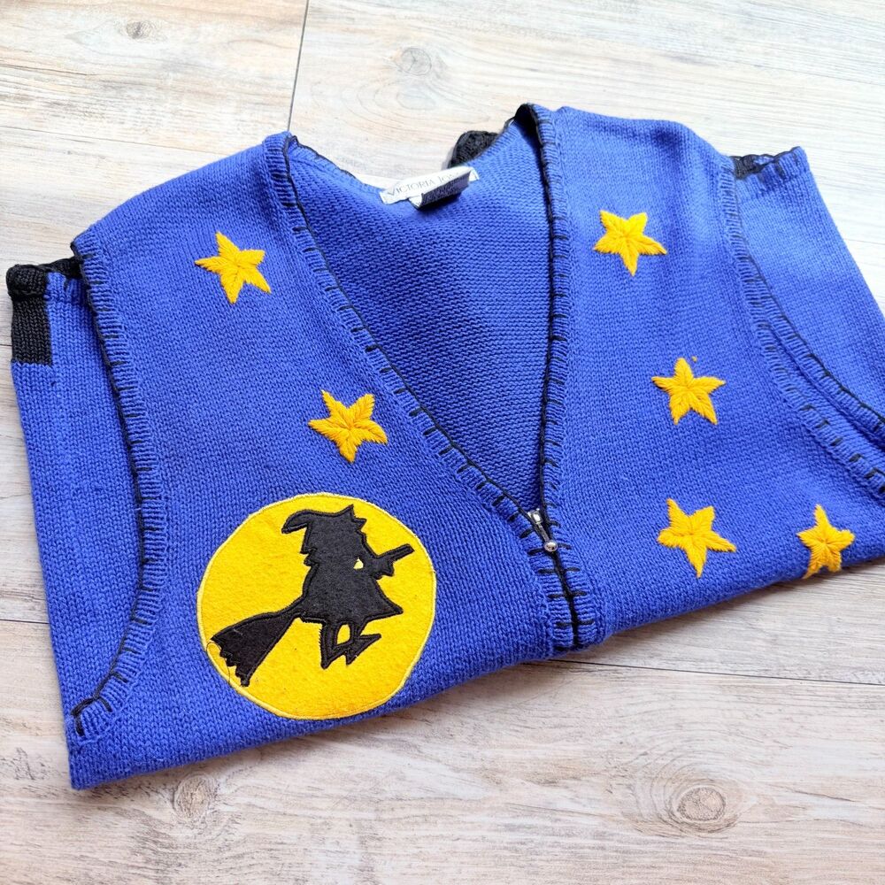 Vintage Victoria Jones Halloween Sweater Vest Large Witch Haunted House Bat 90s - Picture 3 of 10